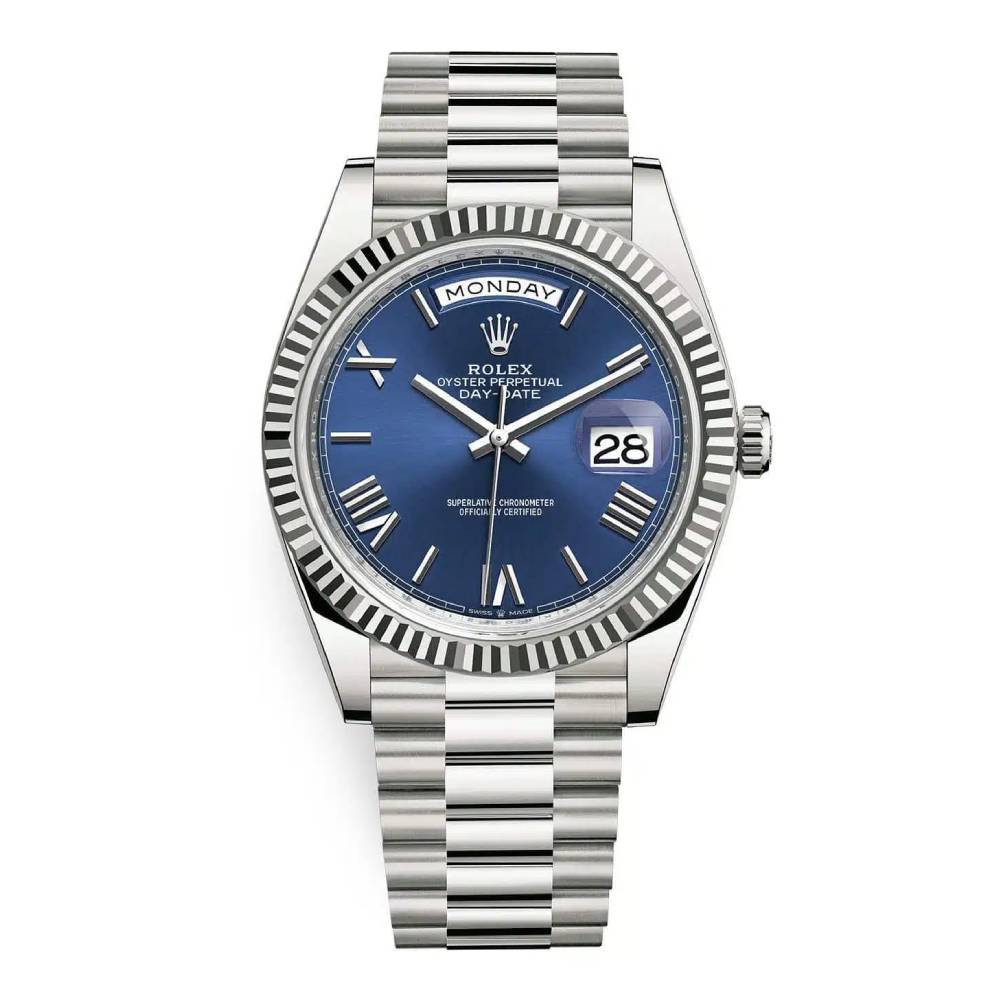 Rolex Day Date 40mm - Ref: 228239-0007 - Blue Roman Dial & Fluted Bezel, 18K White Gold President Bracelet Men's Watch