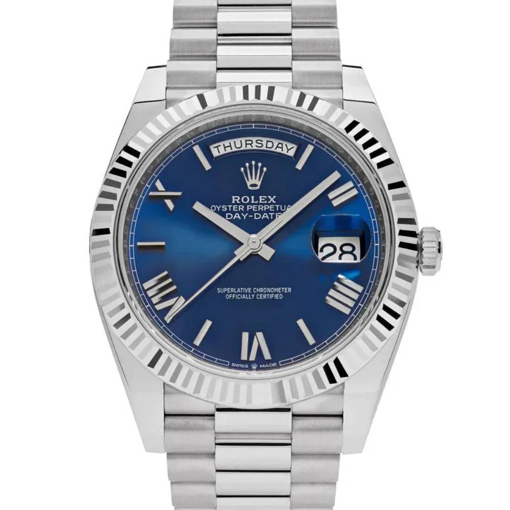 Rolex Day Date 40mm - Ref: 228239-0007 - Blue Roman Dial & Fluted Bezel, 18K White Gold President Bracelet Men's Watch