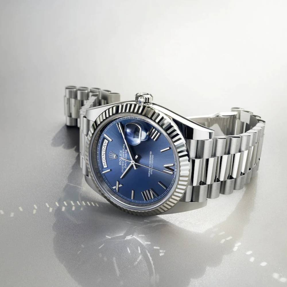 Rolex Day Date 40mm - Ref: 228239-0007 - Blue Roman Dial & Fluted Bezel, 18K White Gold President Bracelet Men's Watch