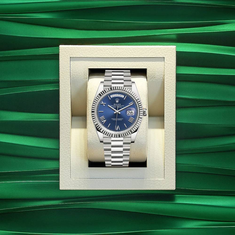 Rolex Day Date 40mm - Ref: 228239-0007 - Blue Roman Dial & Fluted Bezel, 18K White Gold President Bracelet Men's Watch