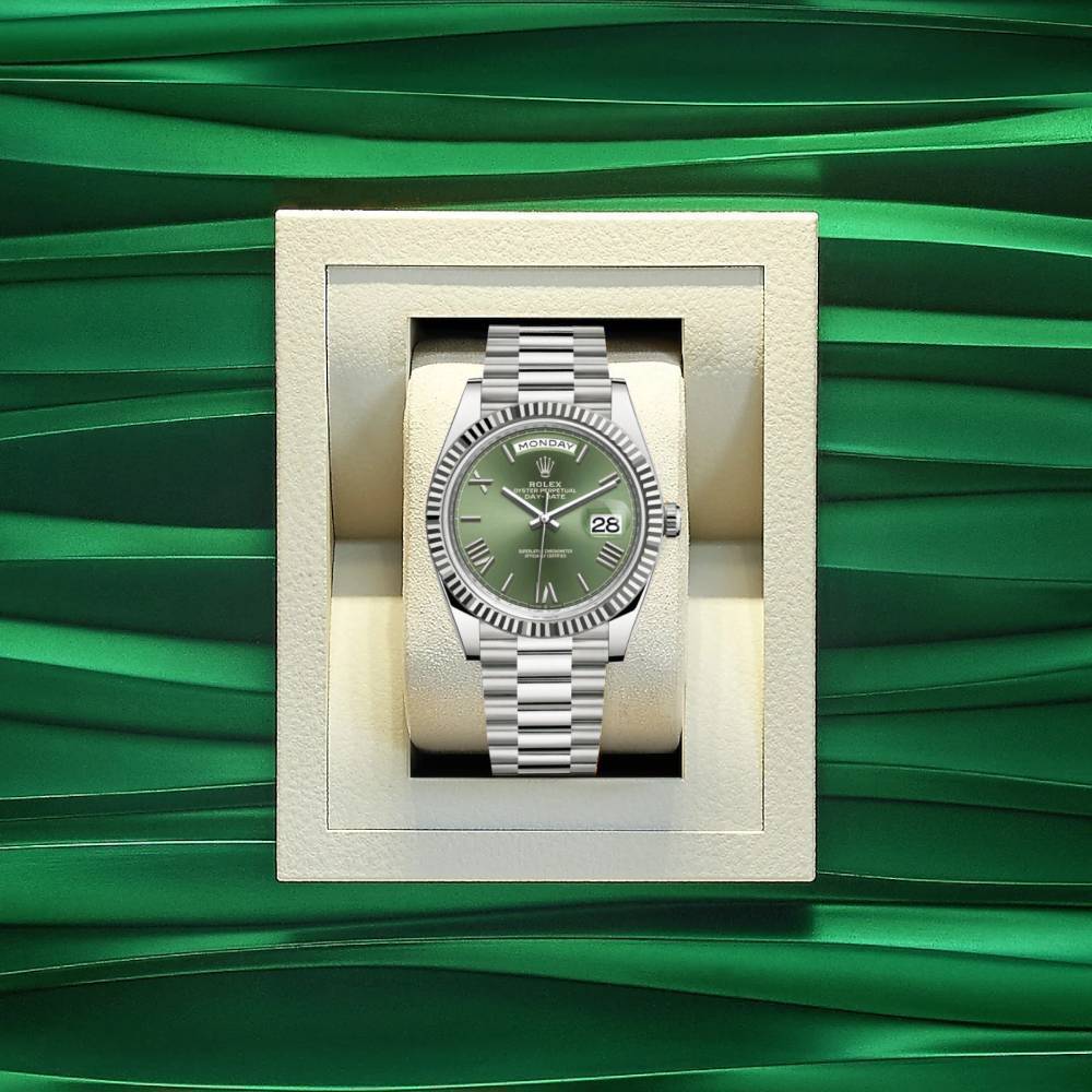 Rolex Day Date 40mm - Ref: 228239-0033 - Olive Green Roman Dial, 18K White Gold President Bracelet Men's Watch