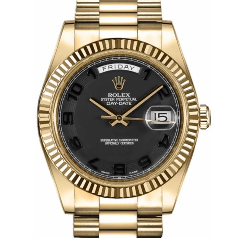 Rolex Day Date 41mm - Ref: 218238 - Black Dial & Fluted Bezel, 18K Yellow Gold President Bracelet Men's Watch