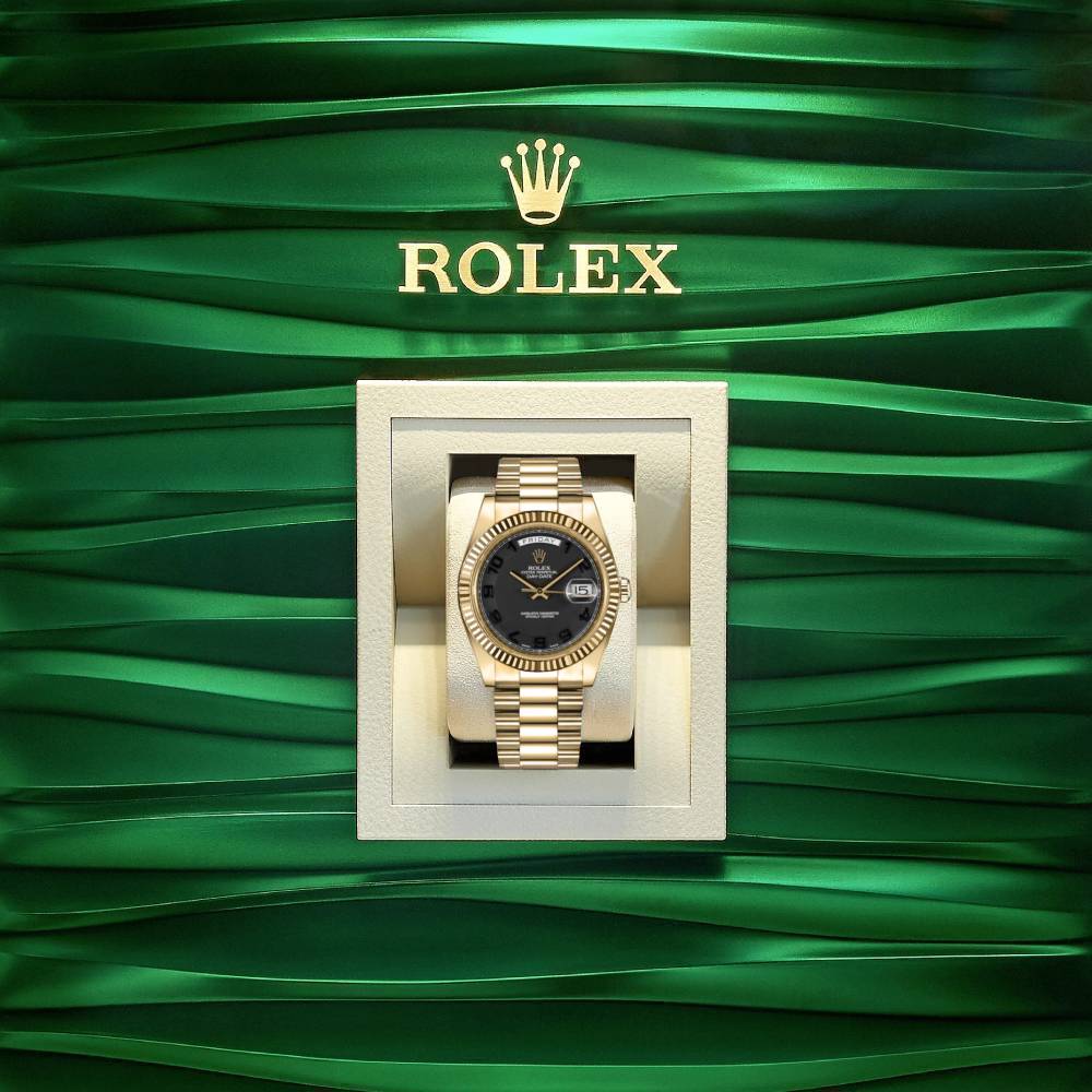 Rolex Day Date 41mm - Ref: 218238 - Black Dial & Fluted Bezel, 18K Yellow Gold President Bracelet Men's Watch