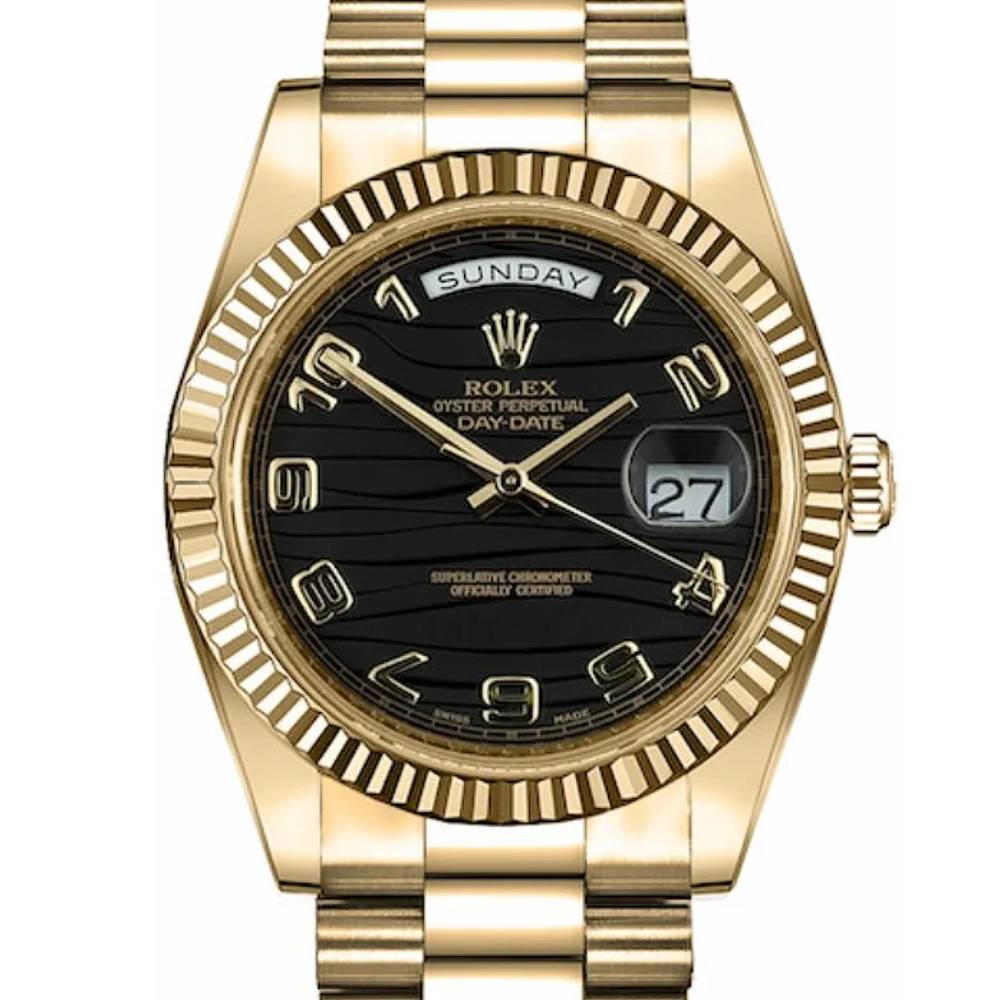 Rolex Day Date 41mm - Ref: 218238 - Black Wave Motif Dial & Fluted Bezel, 18K Yellow Gold President Bracelet Men's Watch