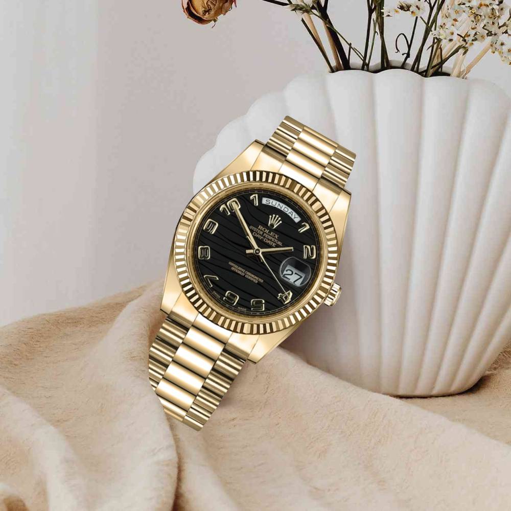 Rolex Day Date 41mm - Ref: 218238 - Black Wave Motif Dial & Fluted Bezel, 18K Yellow Gold President Bracelet Men's Watch