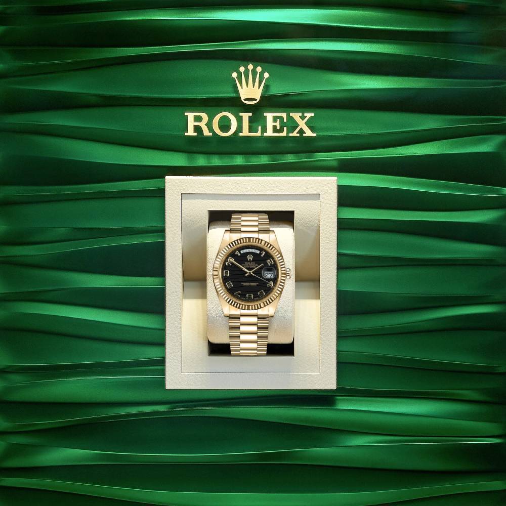 Rolex Day Date 41mm - Ref: 218238 - Black Wave Motif Dial & Fluted Bezel, 18K Yellow Gold President Bracelet Men's Watch