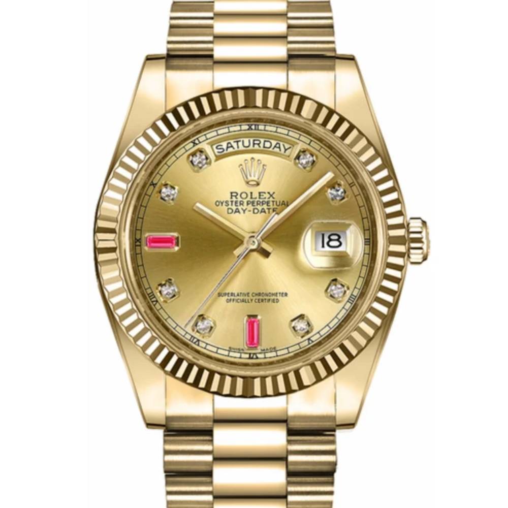 Rolex Day Date 41mm - Ref: 218238 - Champagne Diamond / Ruby Dial & Diamond Bezel, 18K Yellow Gold President Bracelet Men's Watch