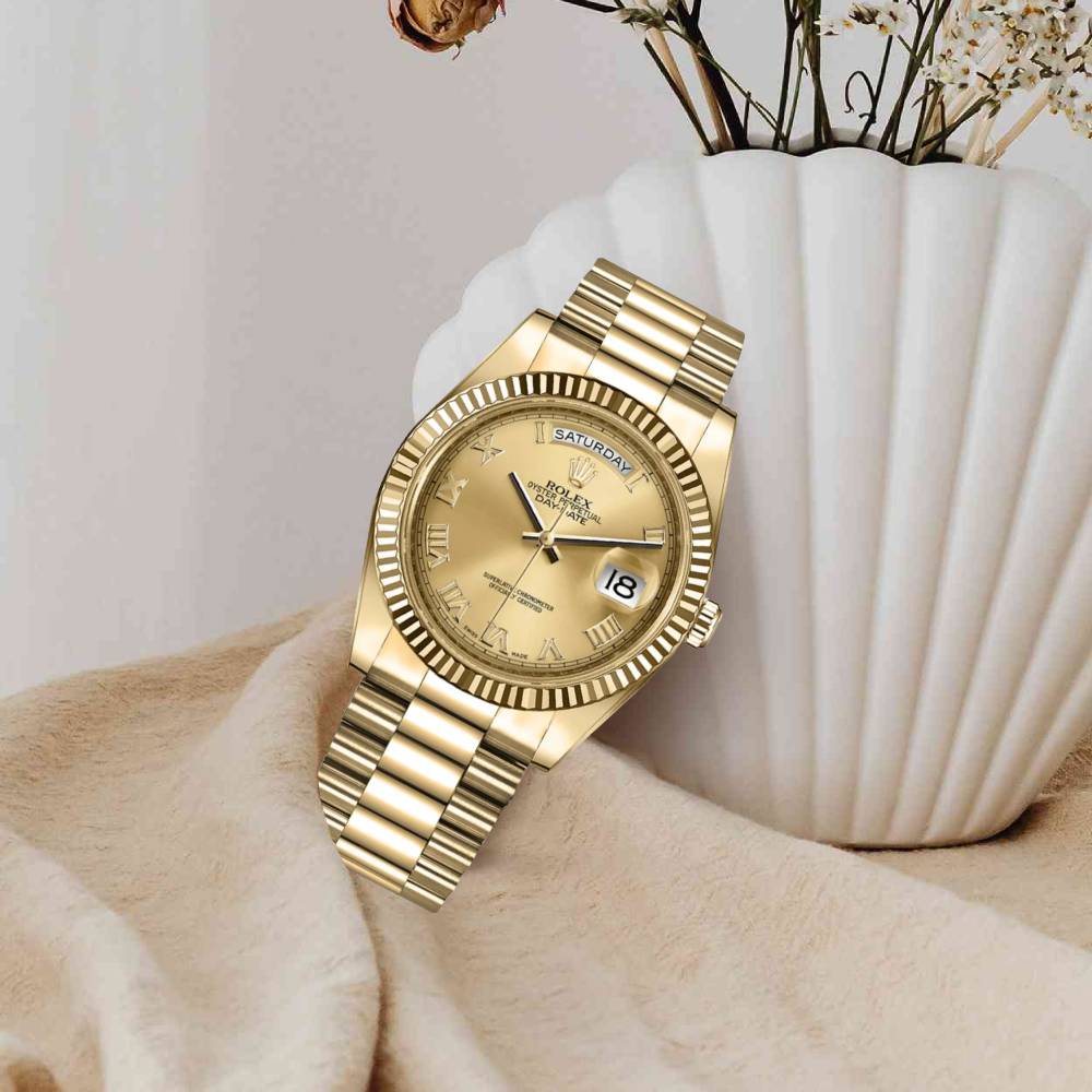 Rolex Day Date 41mm - Ref: 218238 - Champagne Roman Dial & Fluted Bezel, 18K Yellow Gold President Bracelet Men's Watch