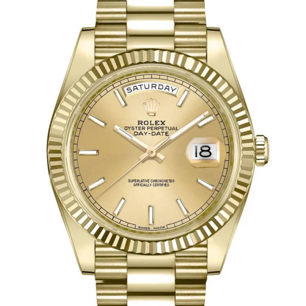 Rolex Day Date 41mm - Ref: 218238 - Champagne Stick Dial & Fluted Bezel, 18K Yellow Gold President Bracelet Men's Watch