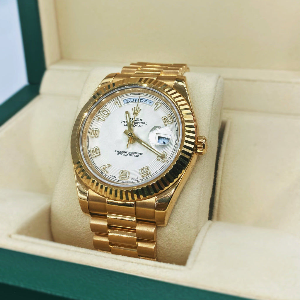 Rolex Day Date II 41mm - Ref: 218238 - Ivory Concentric Roman Dial & Fluted Bezel, 18K Yellow Gold President Bracelet Men's Watch