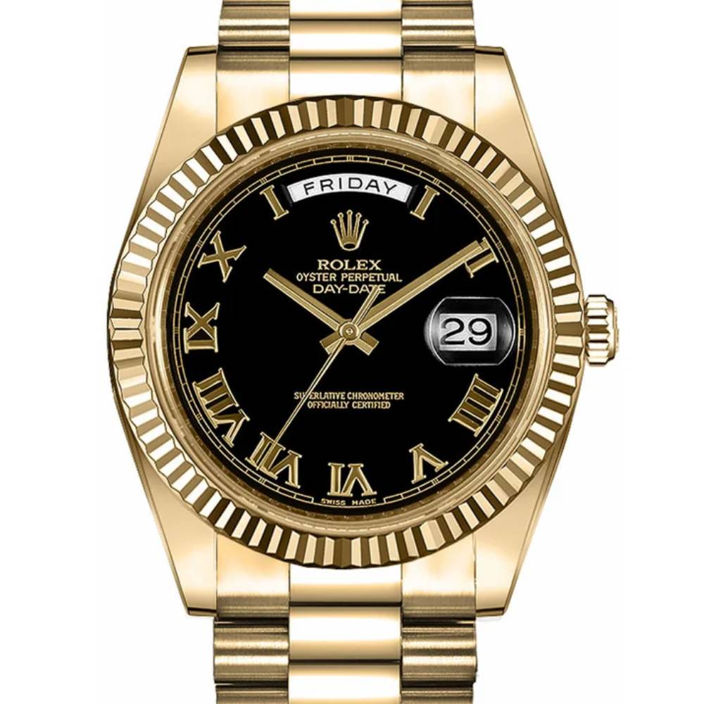 Rolex Day Date II 41mm - Ref: 218238-0041 - Black Roman Dial & Fluted Bezel, 18K Yellow Gold President Bracelet Men's Watch