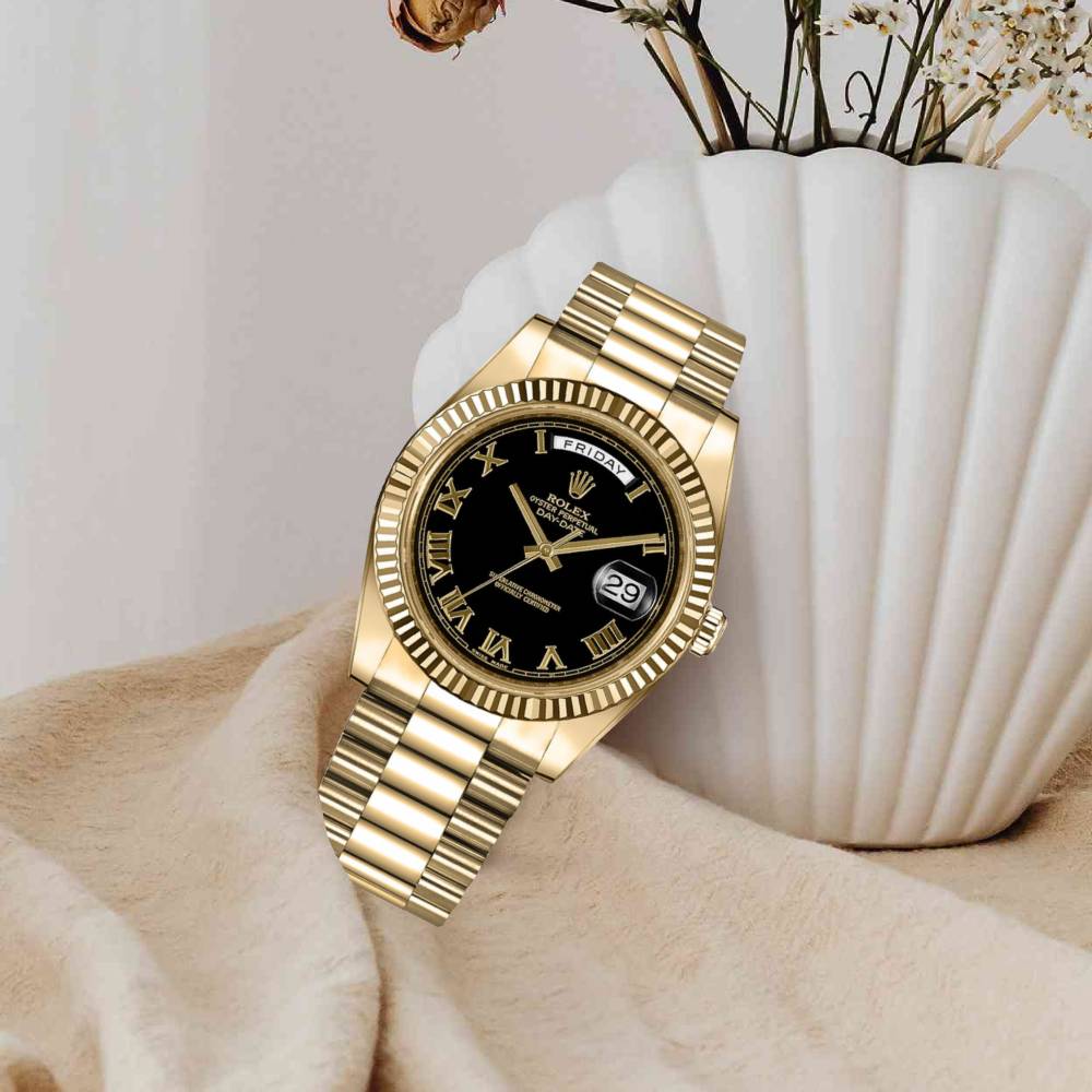 Rolex Day Date II 41mm - Ref: 218238-0041 - Black Roman Dial & Fluted Bezel, 18K Yellow Gold President Bracelet Men's Watch