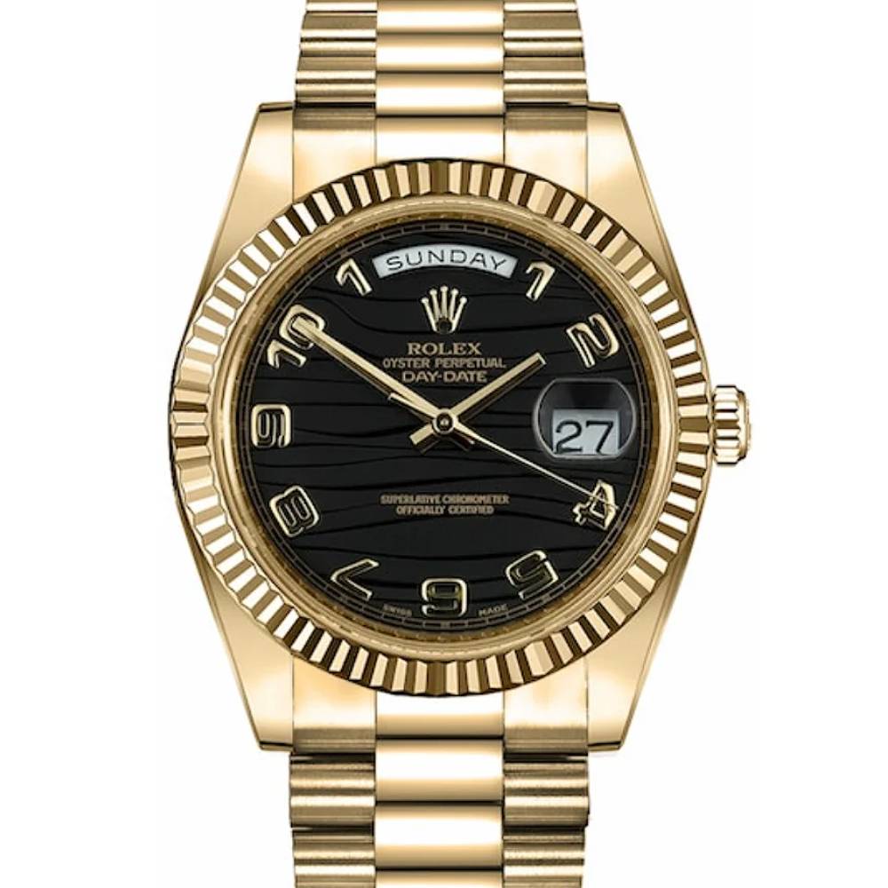 Rolex Day Date II 41mm - Ref: 218238 - Black Wave Motif Dial & Fluted Bezel, 18K Yellow Gold President Bracelet Men's Watch