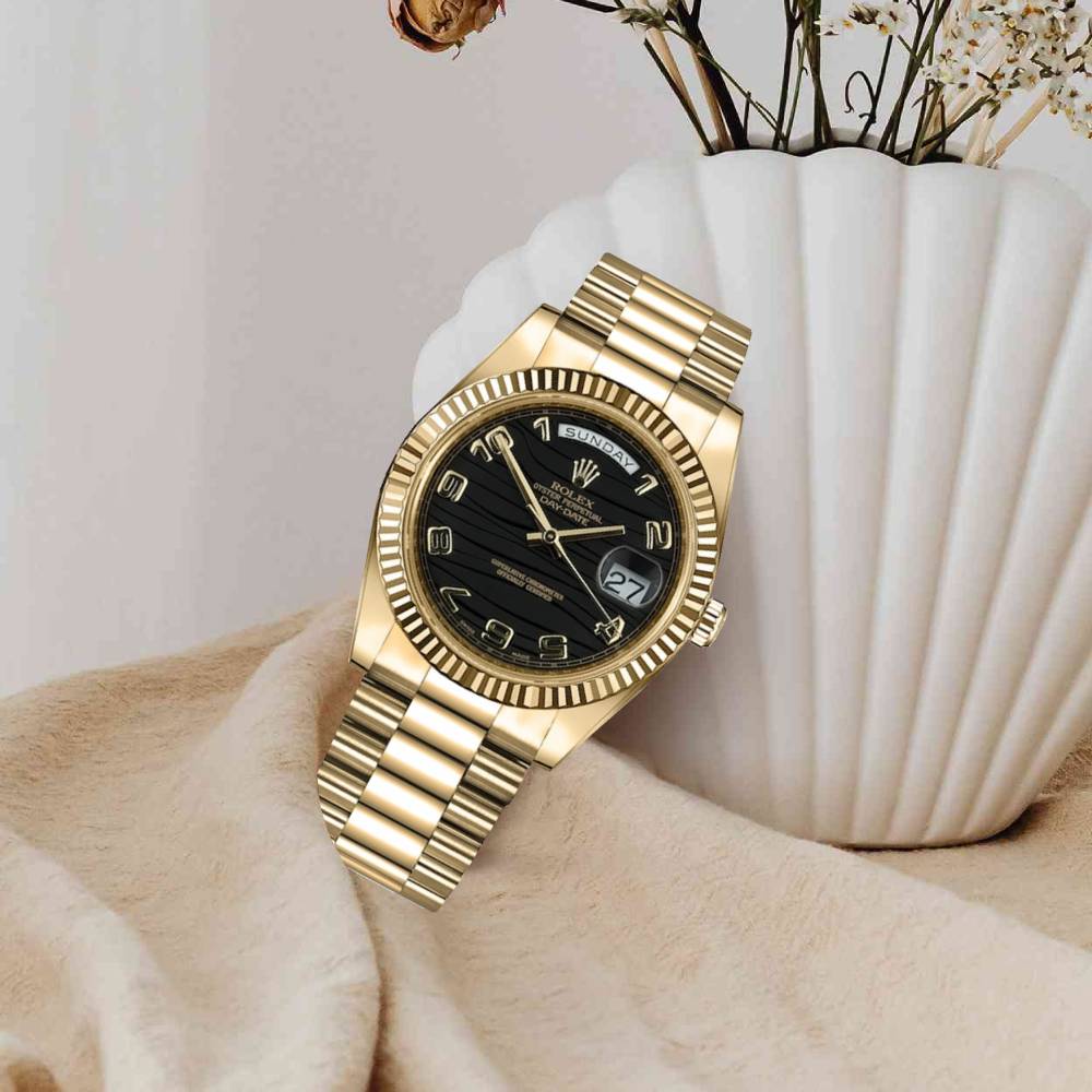 Rolex Day Date II 41mm - Ref: 218238 - Black Wave Motif Dial & Fluted Bezel, 18K Yellow Gold President Bracelet Men's Watch