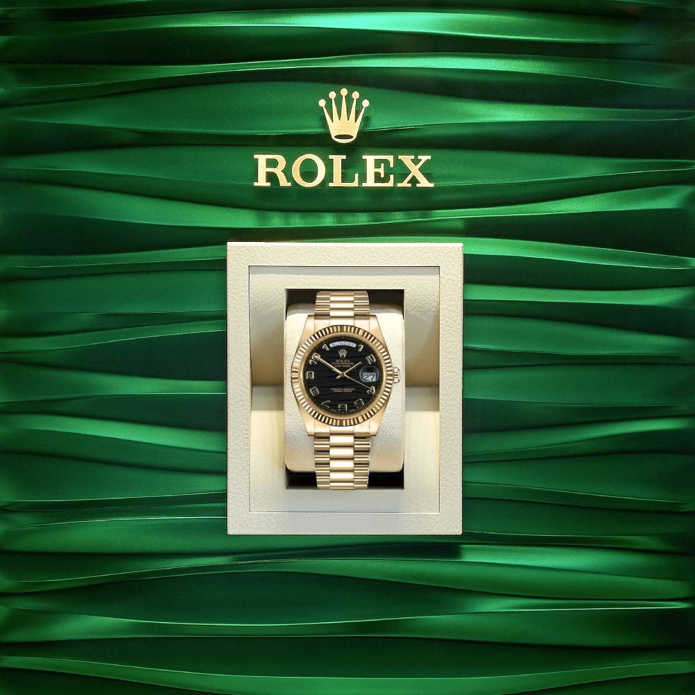 Rolex Day Date II 41mm - Ref: 218238 - Black Wave Motif Dial & Fluted Bezel, 18K Yellow Gold President Bracelet Men's Watch