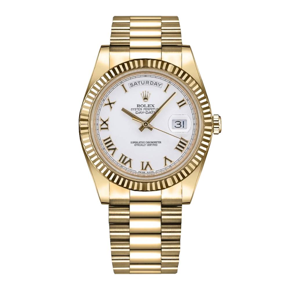 Rolex Day Date II 41mm - Ref: 218238 - White Roman Dial & Fluted Bezel, 18K Yellow Gold President Bracelet Men's Watch