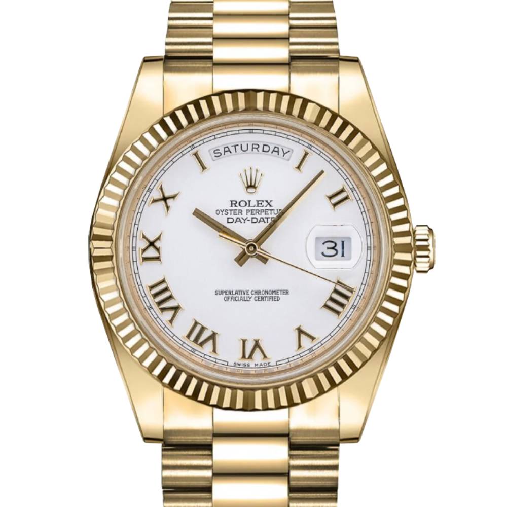 Rolex Day Date II 41mm - Ref: 218238 - White Roman Dial & Fluted Bezel, 18K Yellow Gold President Bracelet Men's Watch