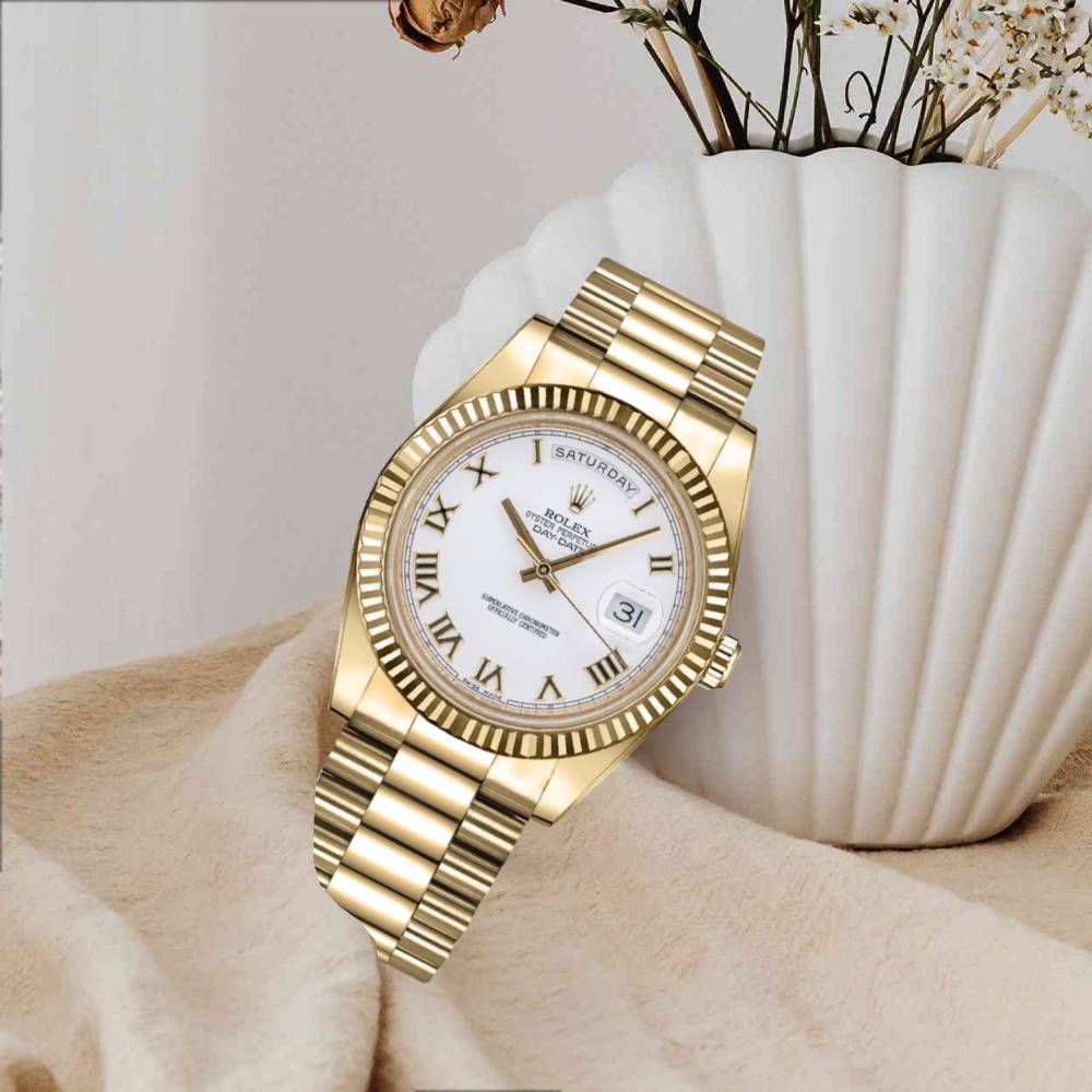 Rolex Day Date II 41mm - Ref: 218238 - White Roman Dial & Fluted Bezel, 18K Yellow Gold President Bracelet Men's Watch