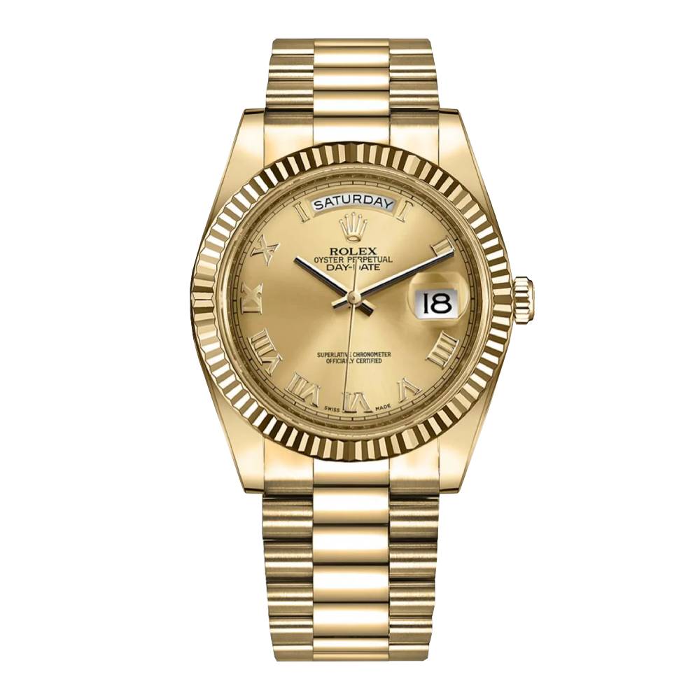 Rolex Day Date II 41mm - Ref: 218238CRP - Champagne Roman Dial & Fluted Bezel, 18K Yellow Gold President Bracelet Men's Watch