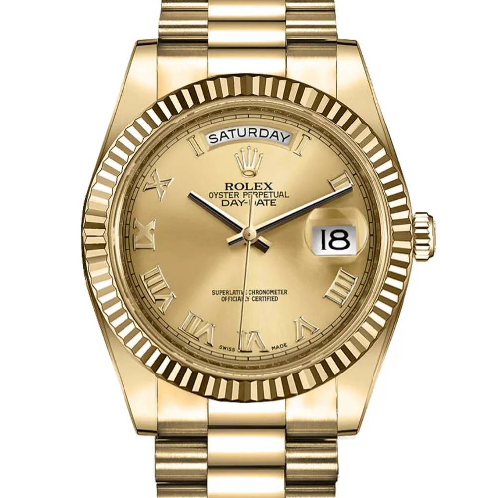 Rolex Day Date II 41mm - Ref: 218238CRP - Champagne Roman Dial & Fluted Bezel, 18K Yellow Gold President Bracelet Men's Watch