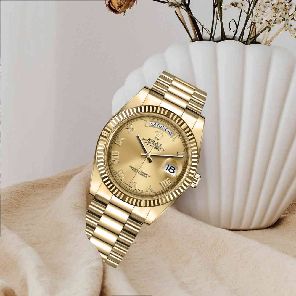 Rolex Day Date II 41mm - Ref: 218238CRP - Champagne Roman Dial & Fluted Bezel, 18K Yellow Gold President Bracelet Men's Watch