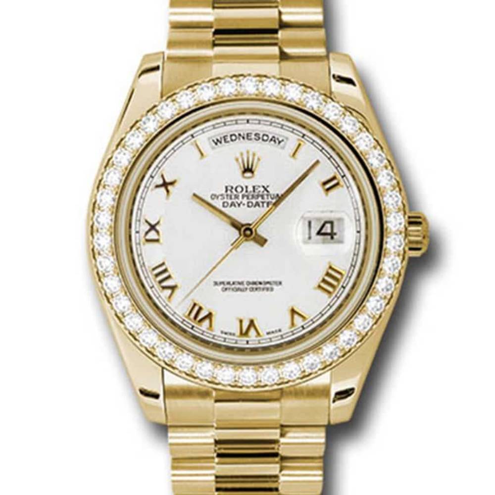 Rolex Day Date II 41mm - Ref: 218348 wrp - White Roman Dial & Diamond Bezel, 18K Yellow Gold President Bracelet Men's Watch