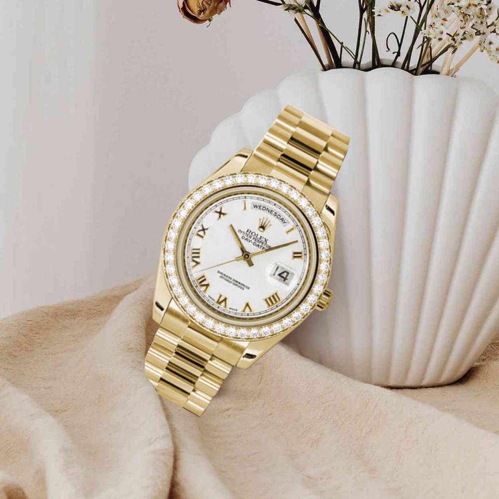 Rolex Day Date II 41mm - Ref: 218348 wrp - White Roman Dial & Diamond Bezel, 18K Yellow Gold President Bracelet Men's Watch