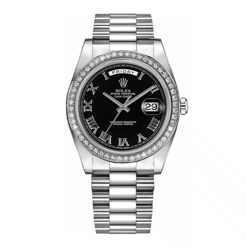 Rolex Day Date II 41mm - Ref: 218349 bkrp - Black Roman Dial & Diamond Bezel, 18K White Gold President Bracelet Men's Watch