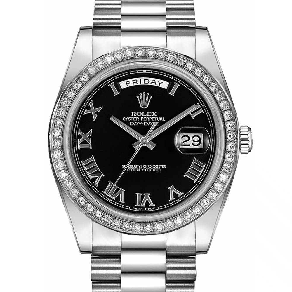 Rolex Day Date II 41mm - Ref: 218349 bkrp - Black Roman Dial & Diamond Bezel, 18K White Gold President Bracelet Men's Watch