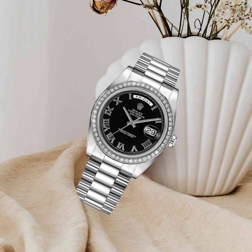 Rolex Day Date II 41mm - Ref: 218349 bkrp - Black Roman Dial & Diamond Bezel, 18K White Gold President Bracelet Men's Watch