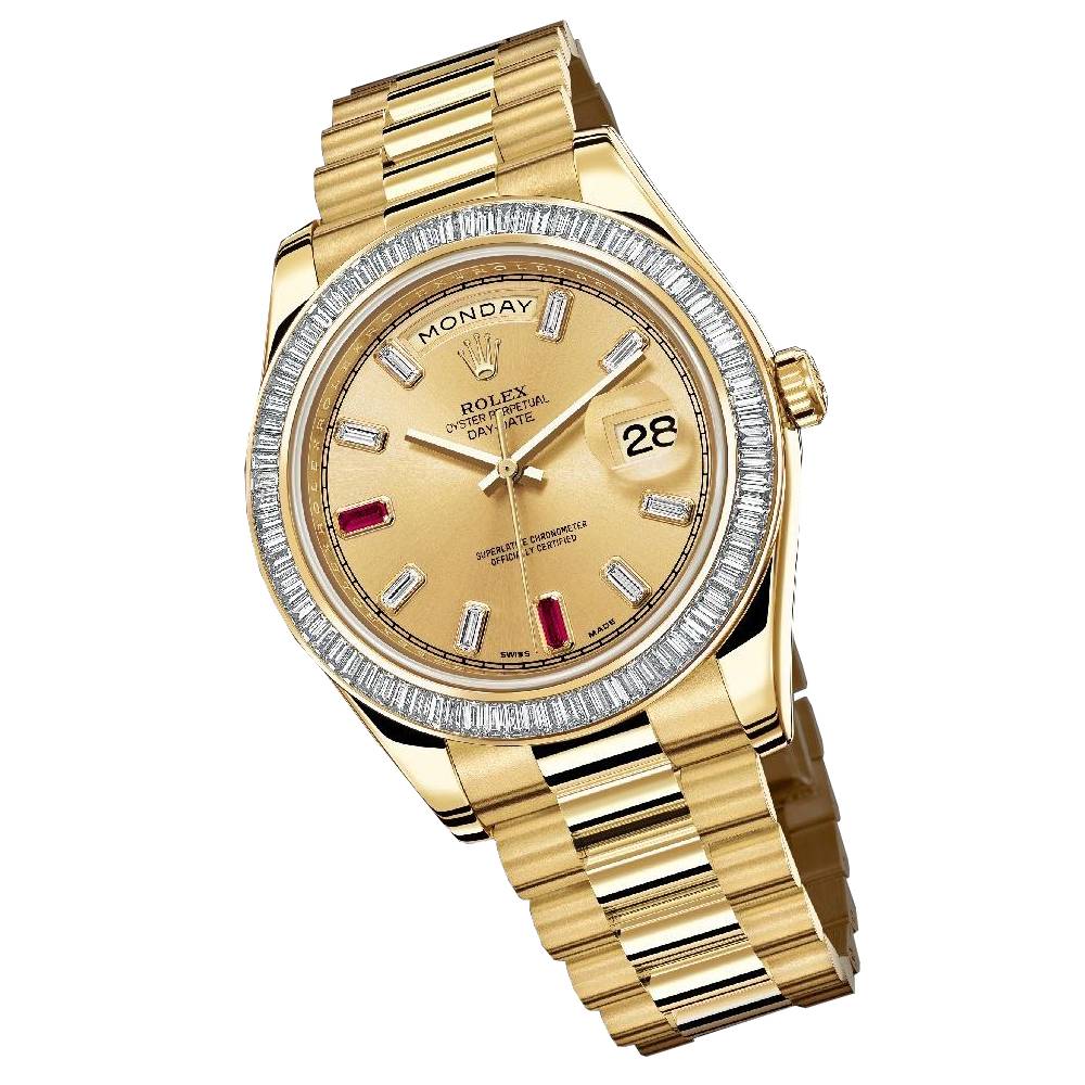 Rolex Day Date II 41mm - Ref: ROL-425000 - Champagne Diamond / Ruby Dial & Diamond Bezel, 18K Yellow Gold President Bracelet Men's Watch