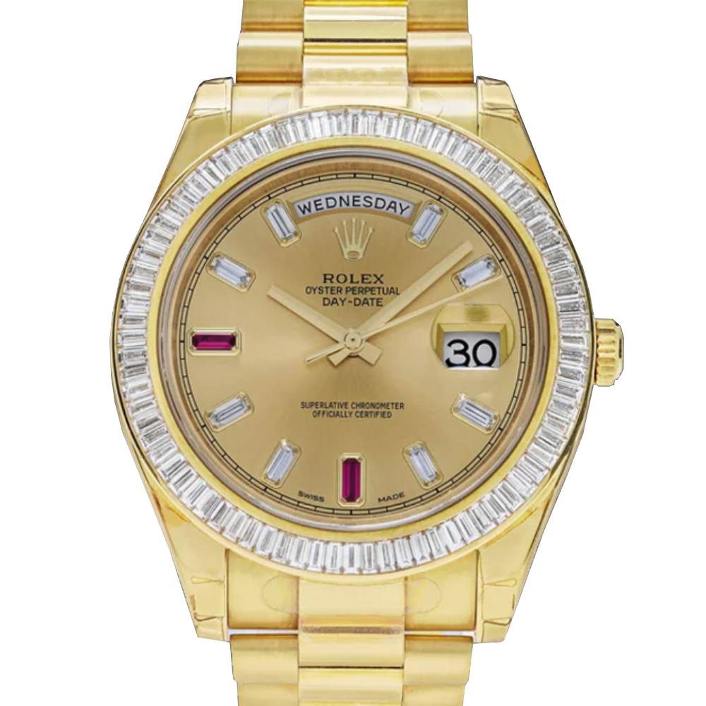 Rolex Day Date II 41mm - Ref: ROL-425000 - Champagne Diamond / Ruby Dial & Diamond Bezel, 18K Yellow Gold President Bracelet Men's Watch