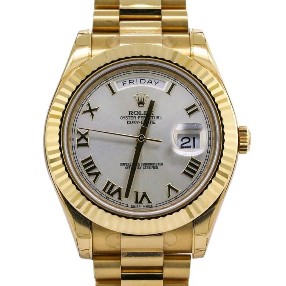 Rolex Day Date II 41mm - Ref: WAT-165011 - White Roman Dial & Fluted Bezel, 18K Yellow Gold President Bracelet Men's Watch