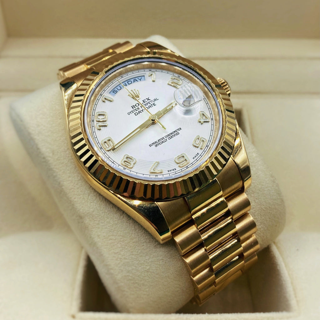 Rolex Day Date II 41mm - Ref: 218238 - Ivory Concentric Roman Dial & Fluted Bezel, 18K Yellow Gold President Bracelet Men's Watch