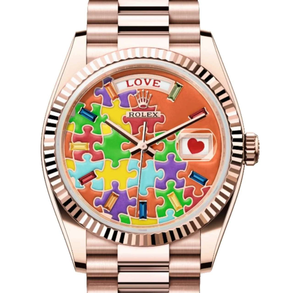 Rolex Day-Date 'Emoji Puzzle' 36mm | 18k Rose Gold Presidential bracelet | Orange 'Emoji Puzzle' dial | Men's Watch 128235-0063