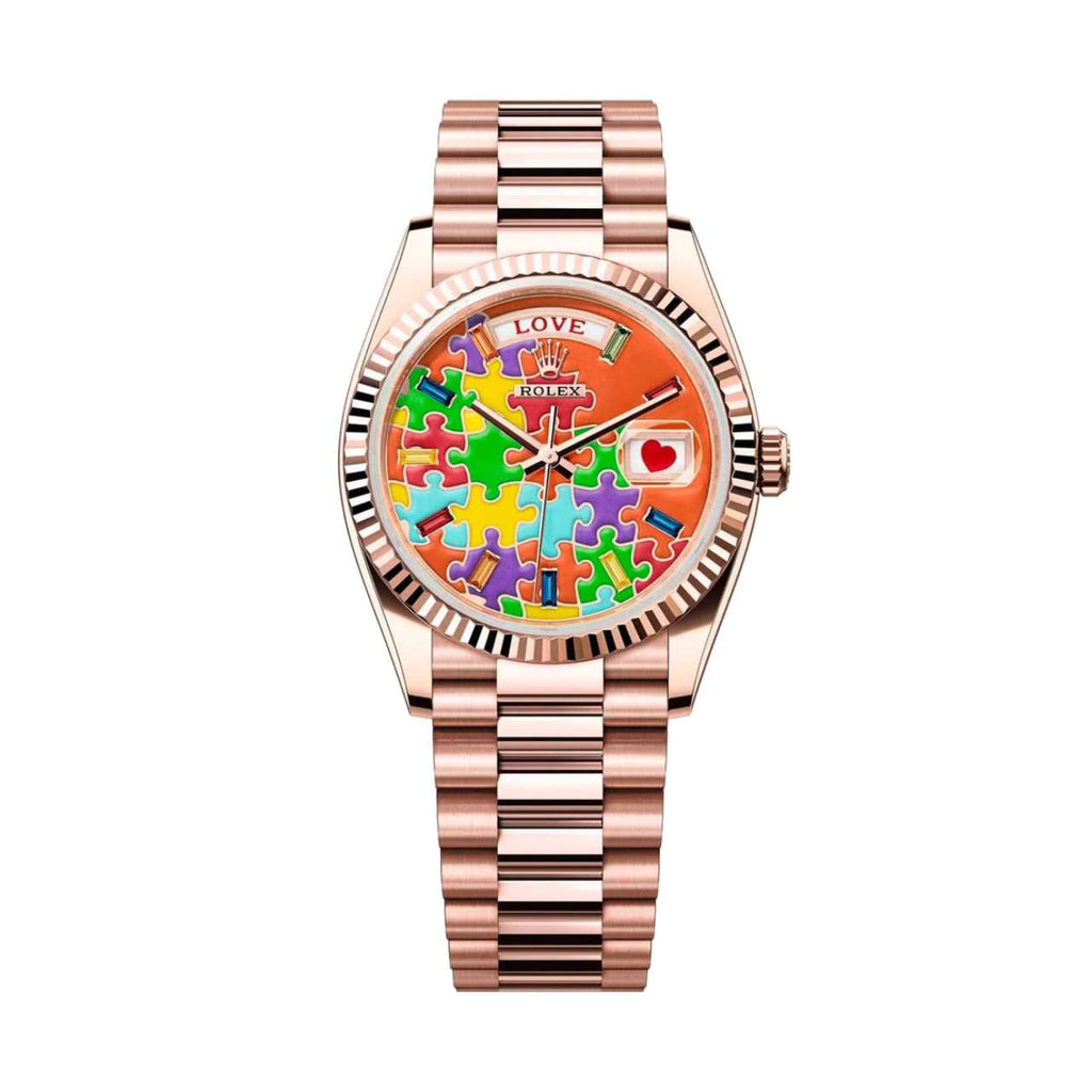 Rolex Day-Date 'Emoji Puzzle' 36mm | 18k Rose Gold Presidential bracelet | Orange 'Emoji Puzzle' dial | Men's Watch 128235-0063