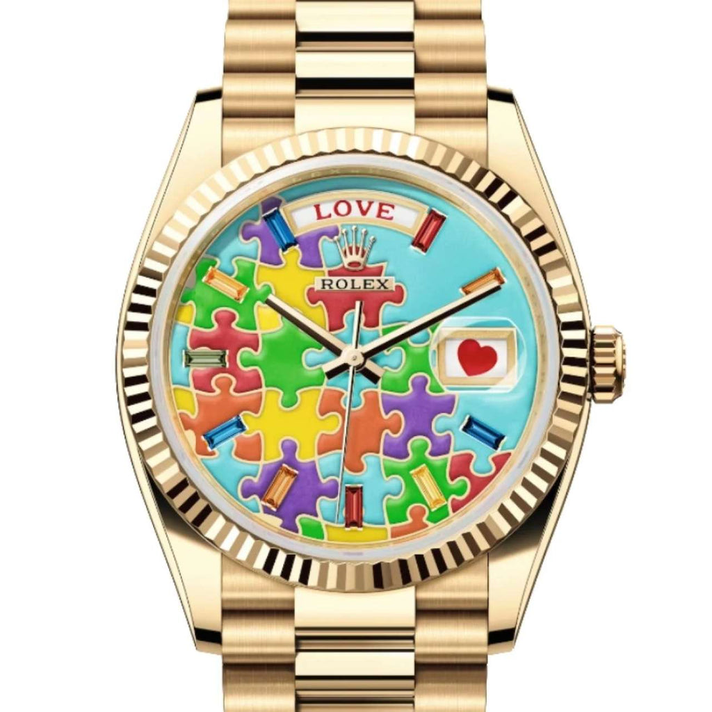 Rolex Day-Date 'Emoji Puzzle' 36mm | 18k Yellow gold Presidential bracelet | Turquoise 'Emoji Puzzle' dial | Men's Watch 128238-0106