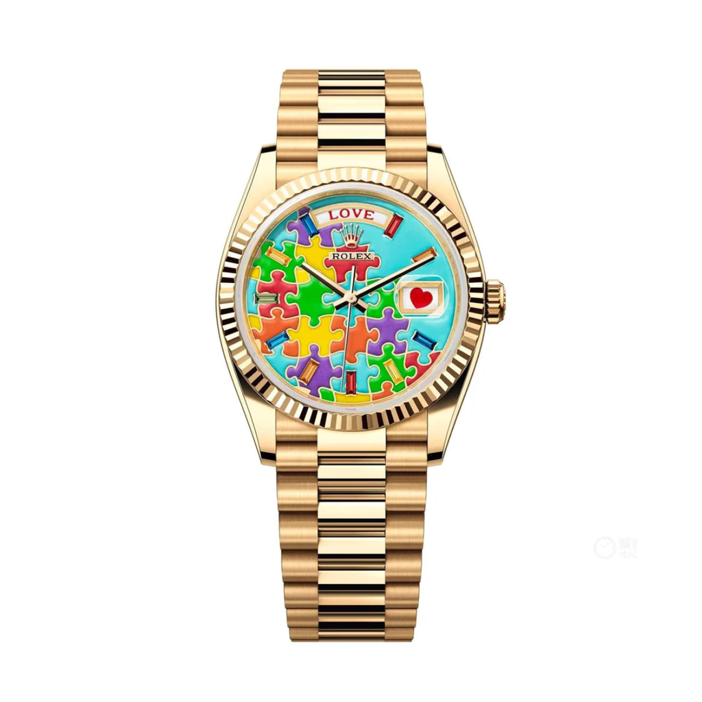 Rolex Day-Date 'Emoji Puzzle' 36mm | 18k Yellow gold Presidential bracelet | Turquoise 'Emoji Puzzle' dial | Men's Watch 128238-0106
