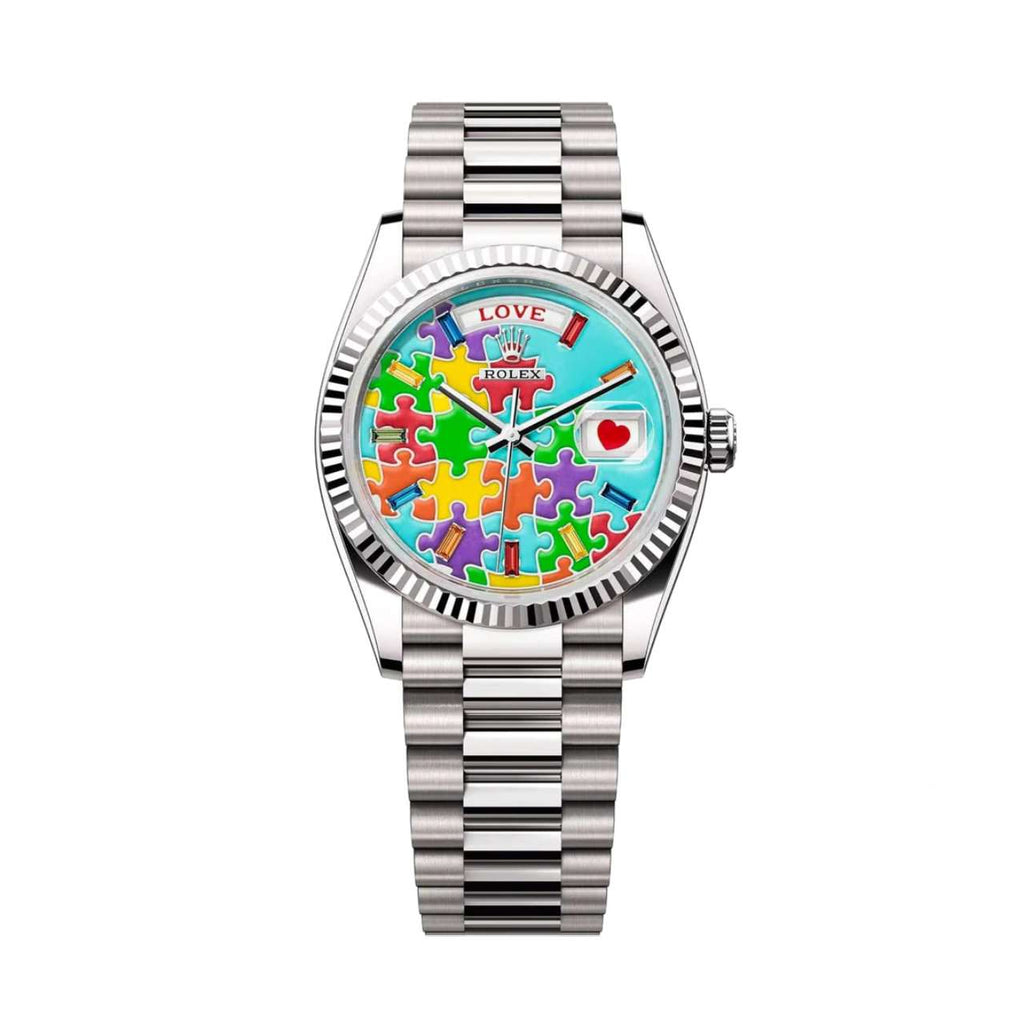 Rolex Day-Date 'Emoji Puzzle' 36mm | 18k White gold Presidential bracelet | Turquoise 'Emoji Puzzle' dial | Men's Watch 128239-0056