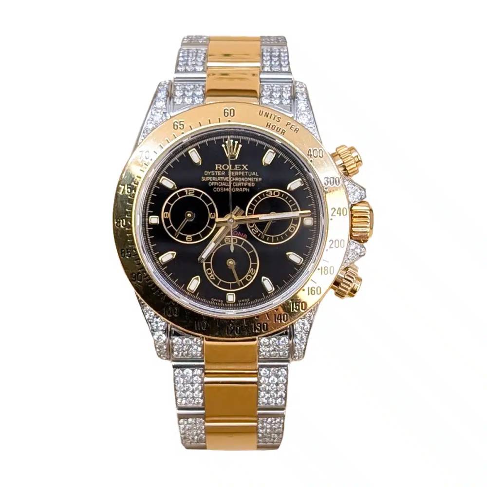 Rolex Daytona 40mm - Ref: 116523 - Black Dial, Aftermarket Iced Out Two Tone Stainless Steel & 18K Rose Gold Bracelet Watch