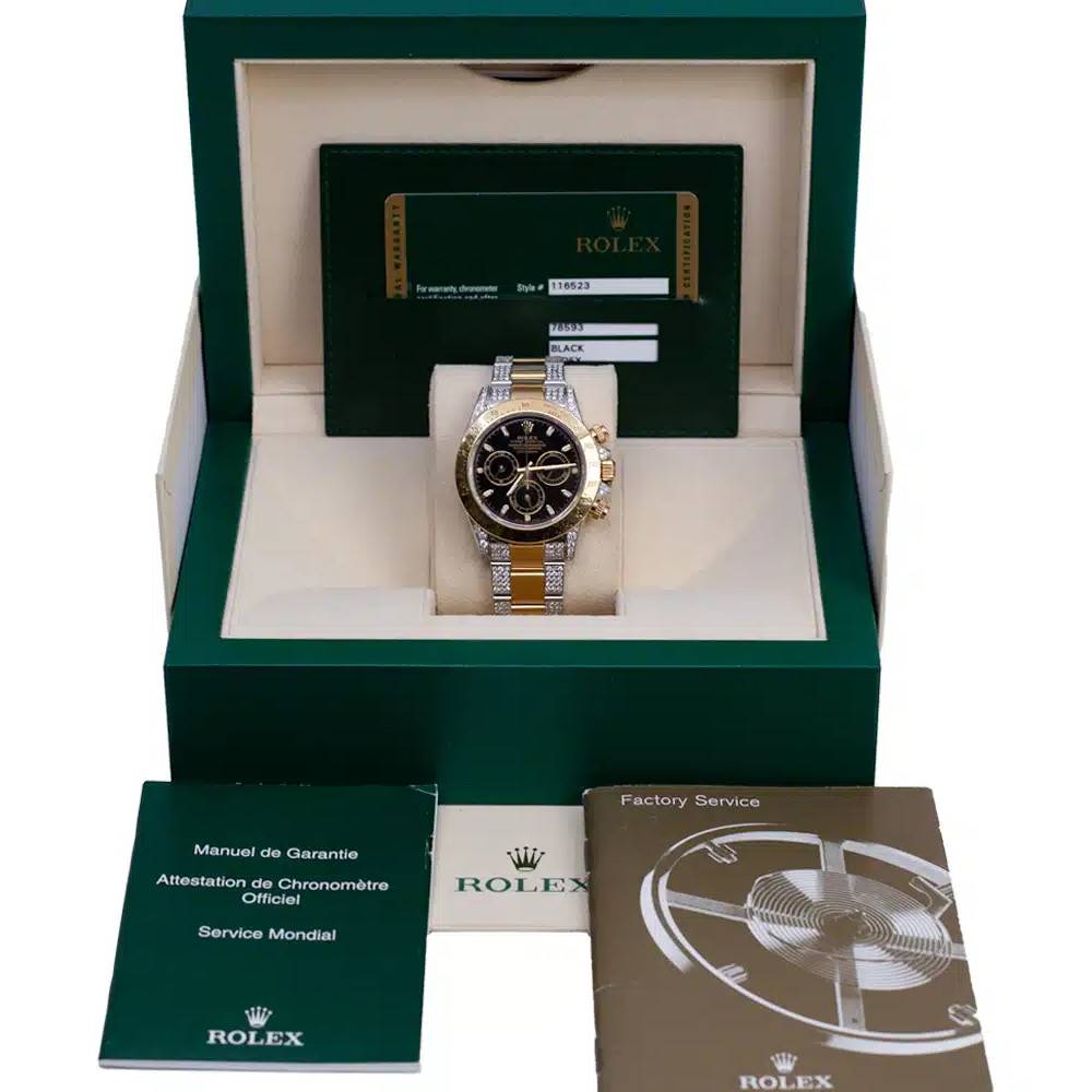 Rolex Daytona 40mm - Ref: 116523 - Black Dial, Aftermarket Iced Out Two Tone Stainless Steel & 18K Rose Gold Bracelet Watch