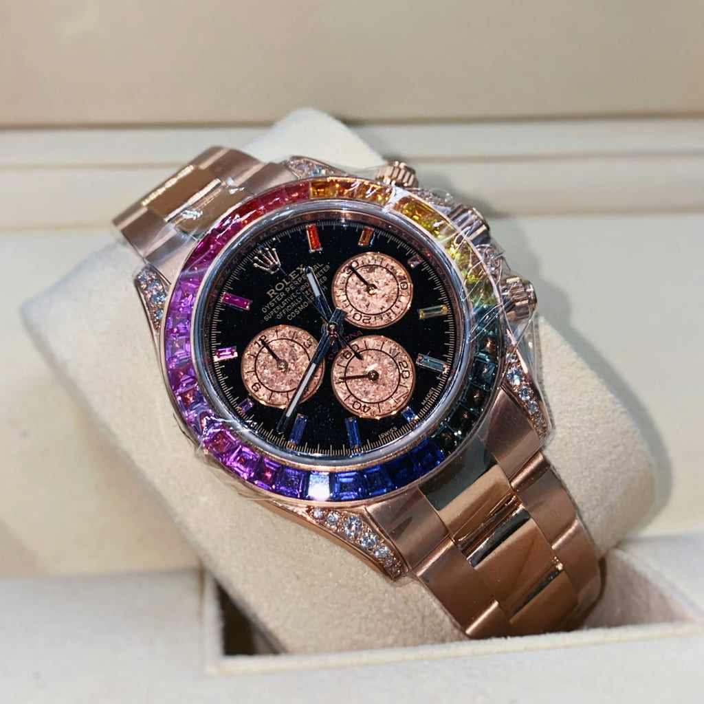 Rolex Cosmograph Daytona 40 mm | 18k Everose gold Oyster bracelet | Black dial Rainbow bezel | Men's Watch 116595RBOW