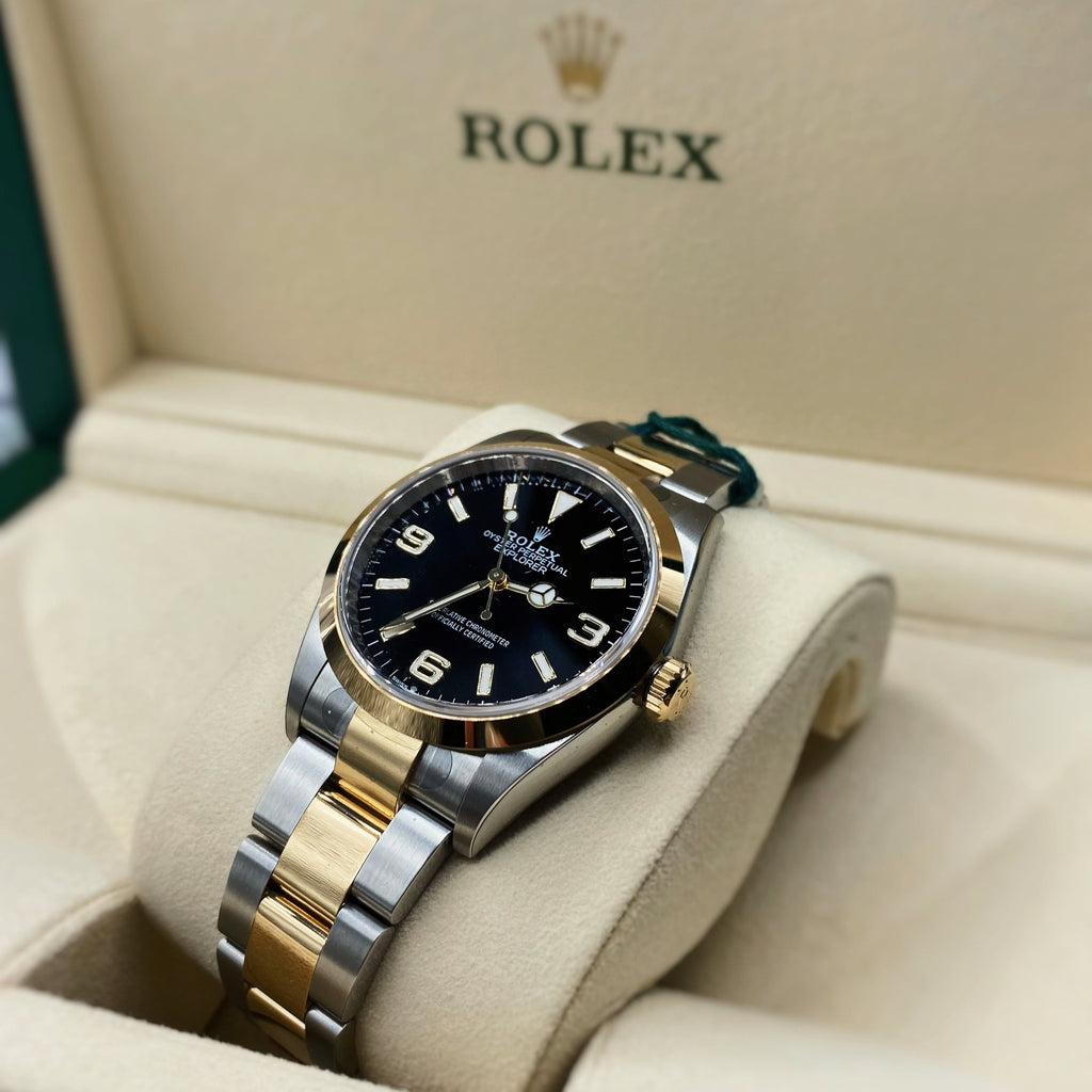 Rolex Explorer 36mm | Two-Tone 18k Yellow gold and Stainless steel Oyster bracelet | Black dial Smooth bezel | Case Men's Watch 124273-0001