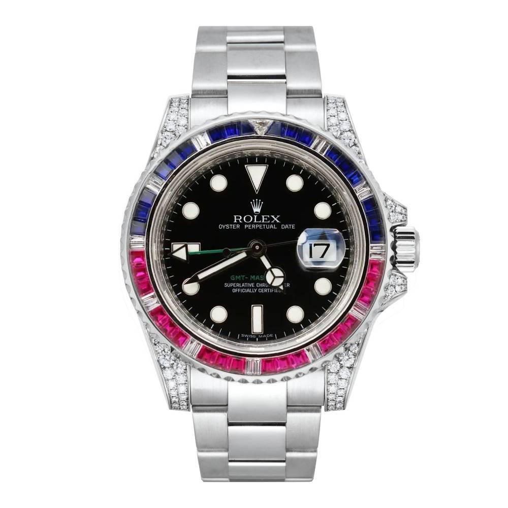 Rolex GMT-Master II 40mm - Ref: 116710LN - Black Dial, Custom Diamond & Sapphire Bezel, Custom Diamond Case, Stainless Steel Oyster Bracelet Men's Watch