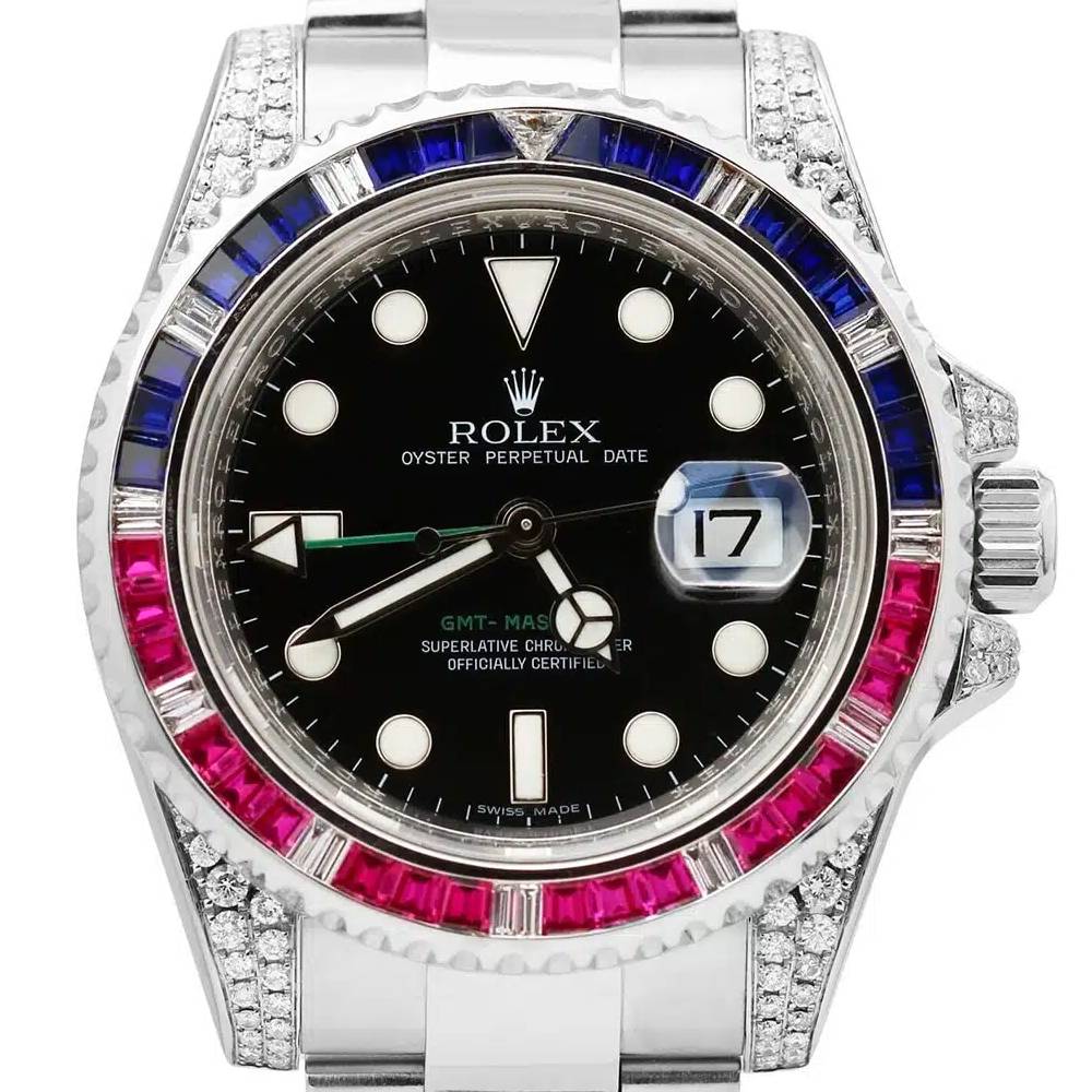 Rolex GMT-Master II 40mm - Ref: 116710LN - Black Dial, Custom Diamond & Sapphire Bezel, Custom Diamond Case, Stainless Steel Oyster Bracelet Men's Watch