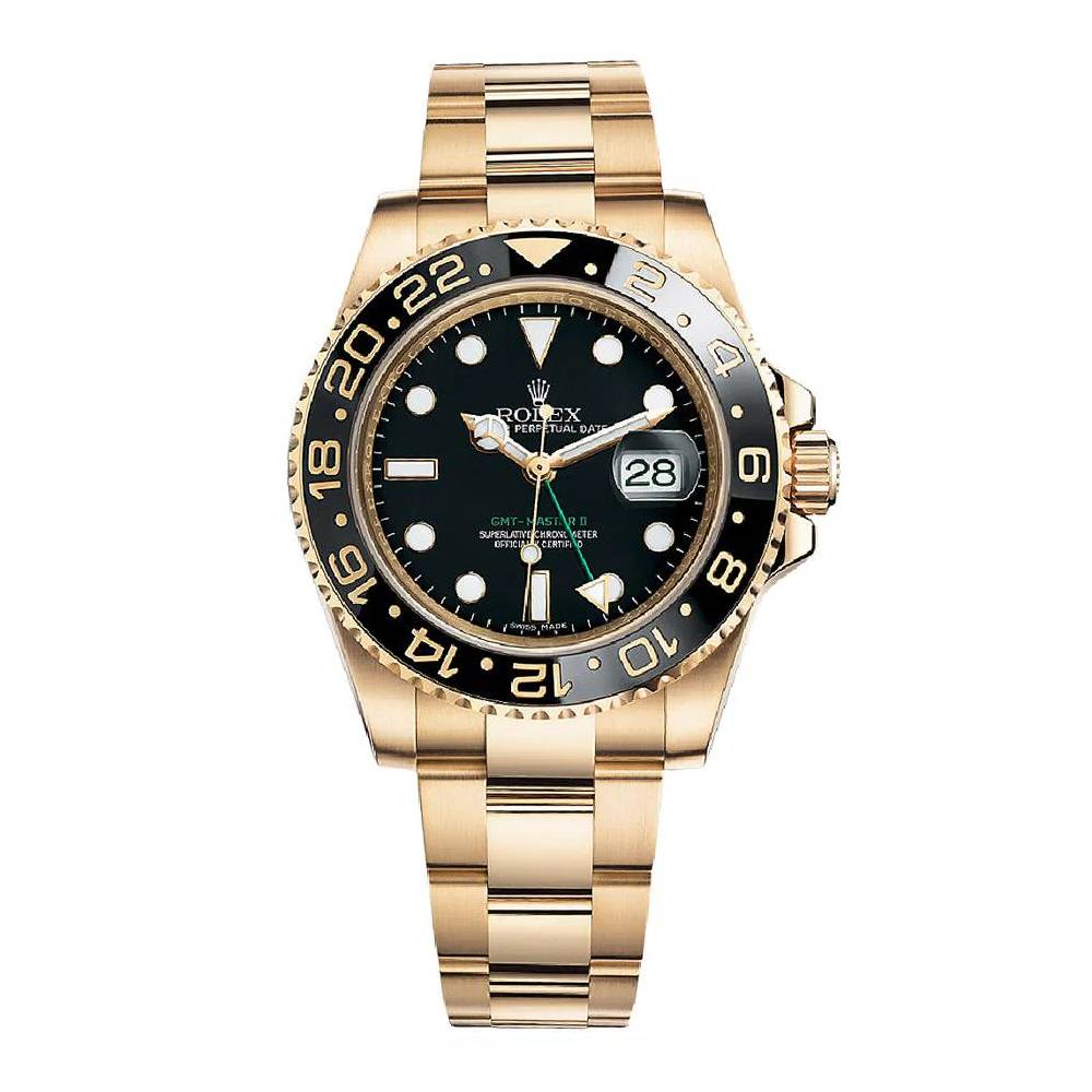 Rolex GMT-Master II 40mm - Ref: 116718BK - Black Dial & Black Bezel, 18K Yellow Gold Oyster Bracelet Men's Watch