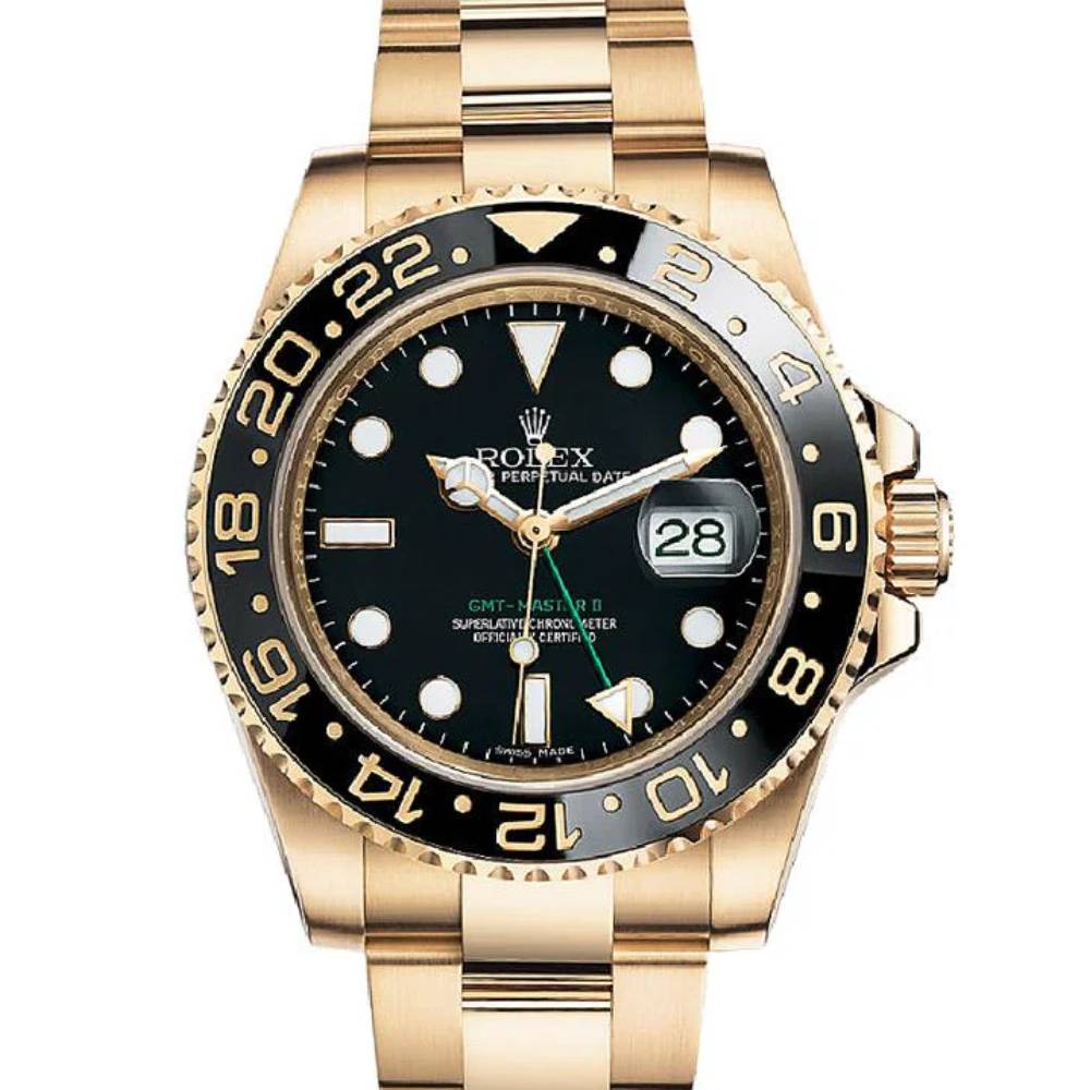 Rolex GMT-Master II 40mm - Ref: 116718BK - Black Dial & Black Bezel, 18K Yellow Gold Oyster Bracelet Men's Watch