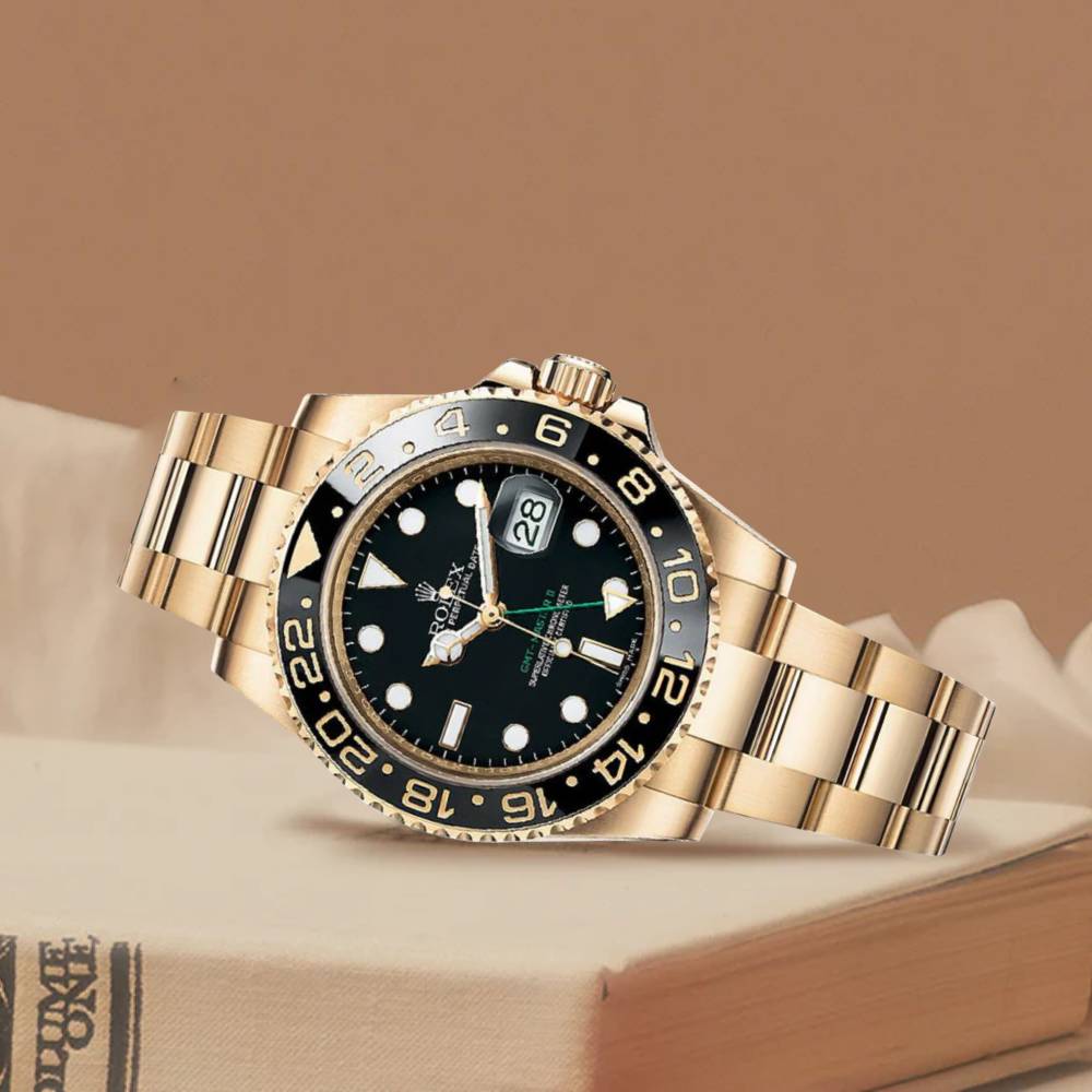 Rolex GMT-Master II 40mm - Ref: 116718BK - Black Dial & Black Bezel, 18K Yellow Gold Oyster Bracelet Men's Watch