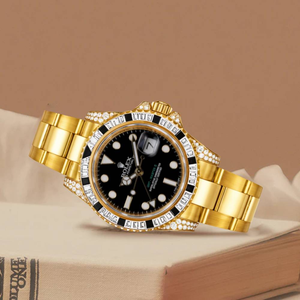 Rolex GMT-Master II 40mm - Ref: 116758SANR - Black Dial, Diamond & Sapphire Bezel, & Diamond Case, 18K Yellow Gold Oyster Bracelet Men's Watch