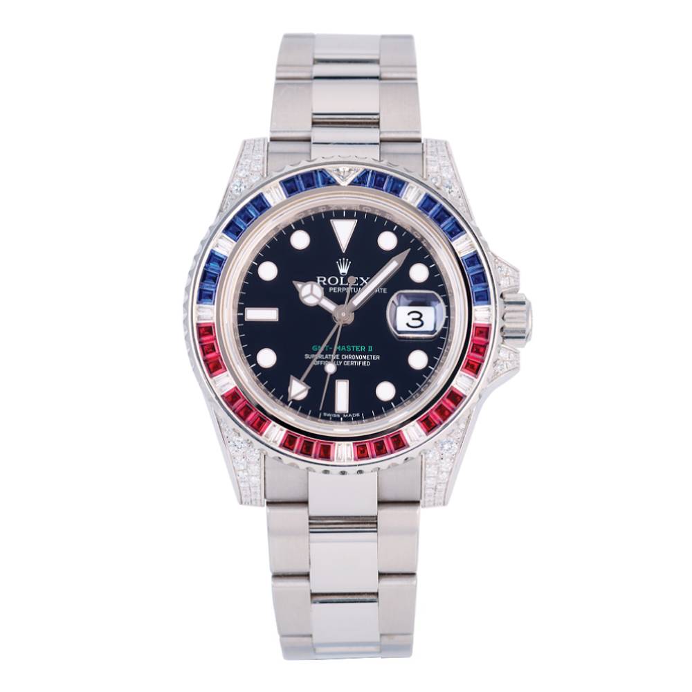 Rolex GMT-Master II 40mm - Ref: 116759SARU - Black Dial, Diamond Ruby Sapphire Bezel, Diamond Case, 18K White Gold Oyster Bracelet Men's Watch